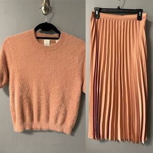 NWT Joie 2-piece fuzzy top and pleated skirt in pink mauve/peachy color. Medium